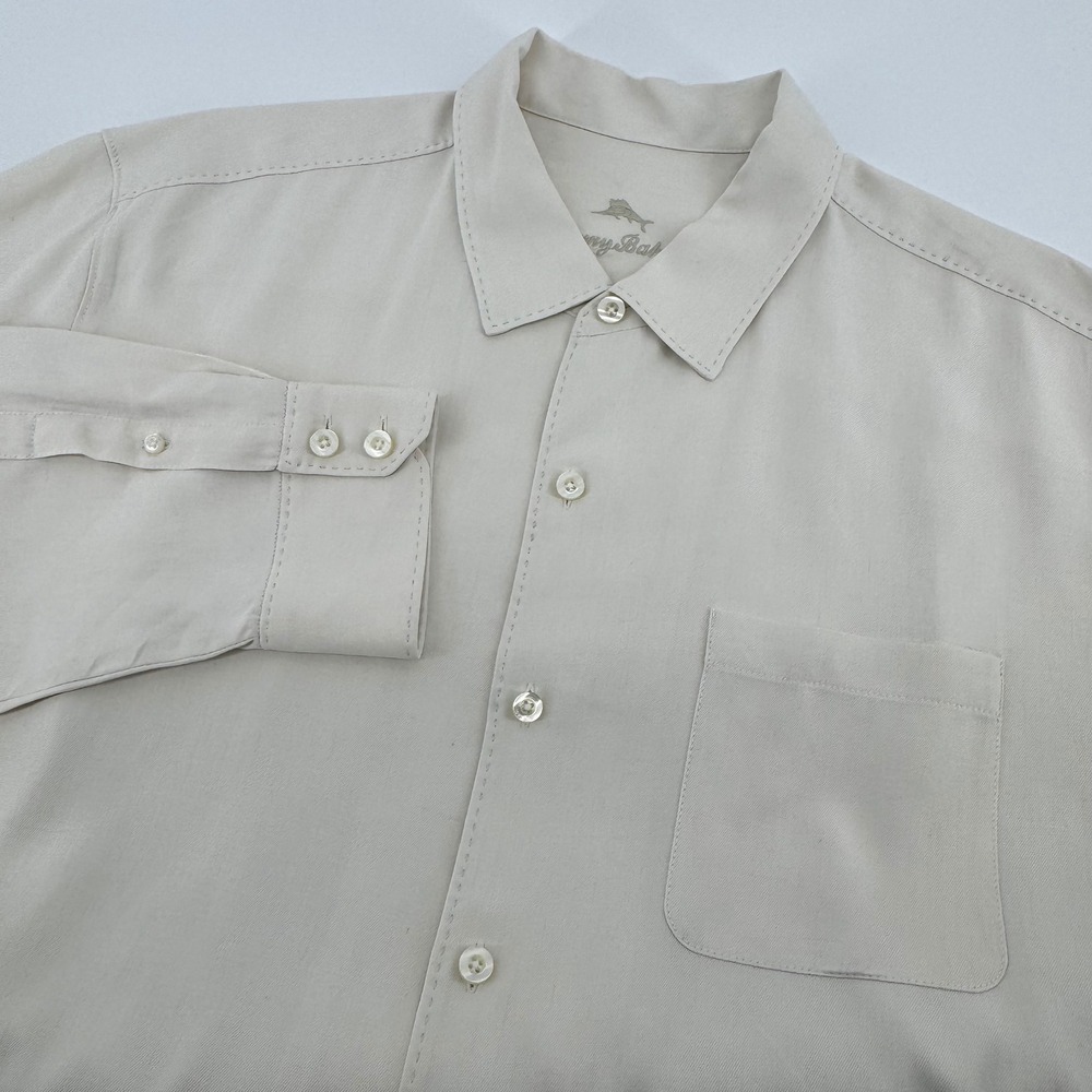 Tommy Bahama Button Down Shirt Mens XLT Beige Silk Pick Stitch Long Sleeve